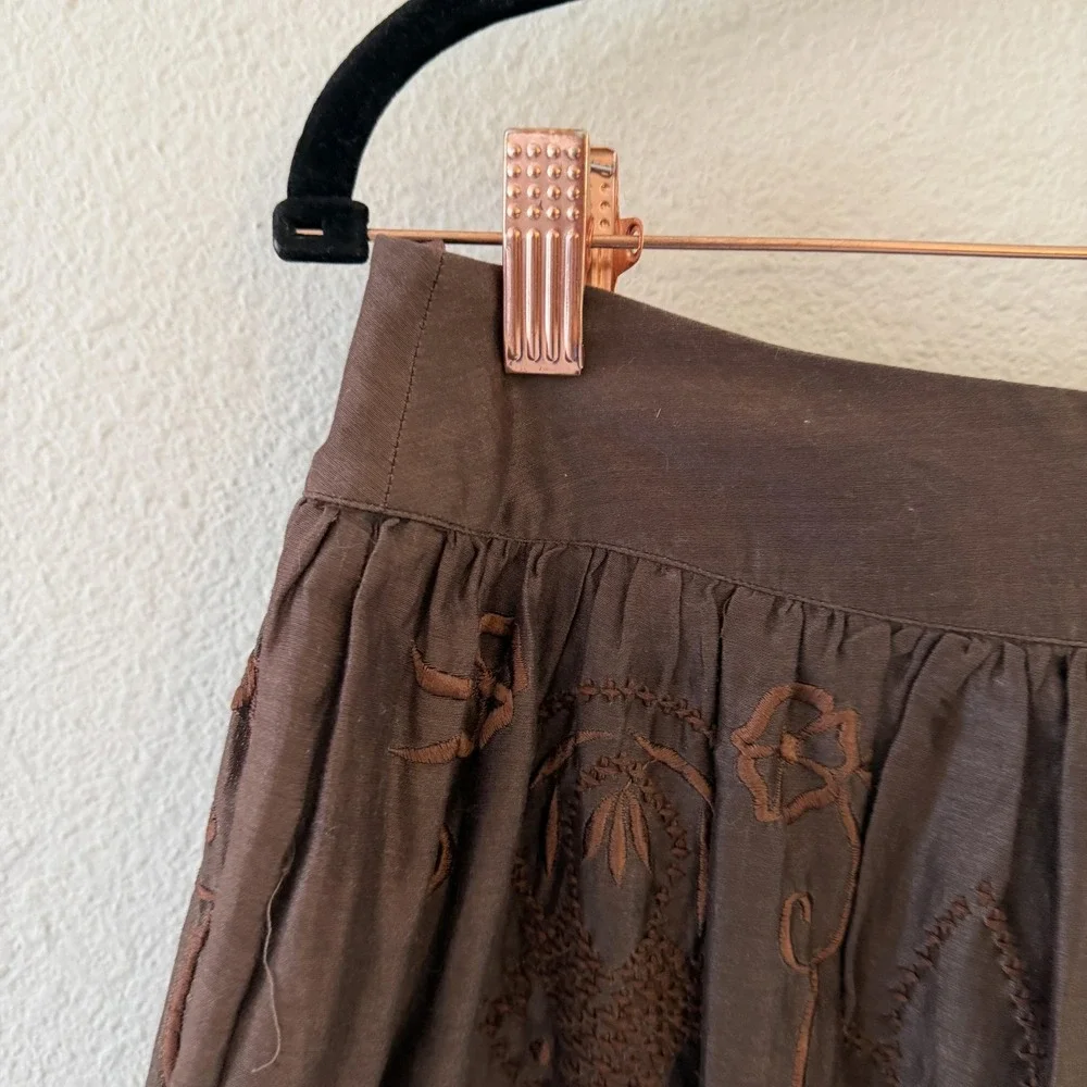 Chan Luu Y2K Embroidered Peasant Skirt Womens S Chocolate Brown Floral Boho Midi